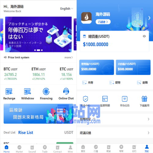多语言区块链交易所/币币合约秒合约交易/质押理财